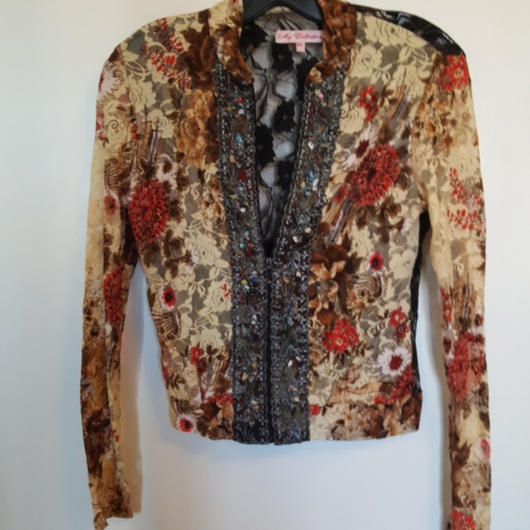 Beige black transparent beaded jacket - Picture 1 of 6